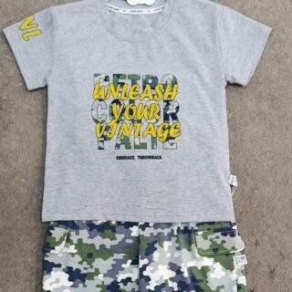 Boys Retro Graphic Tee & Camouflage Shorts Set – Grey & Army Green